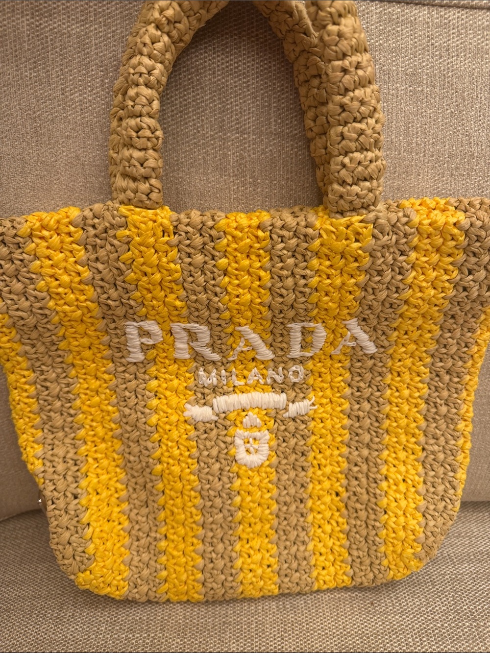 Prada Yellow and Tan Striped Crochet Tote